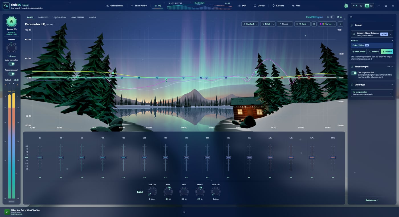 FluidEQ parametric equalizer with the Backdrop look: an aurora over a snowy forest behind the EQ curve and band sliders