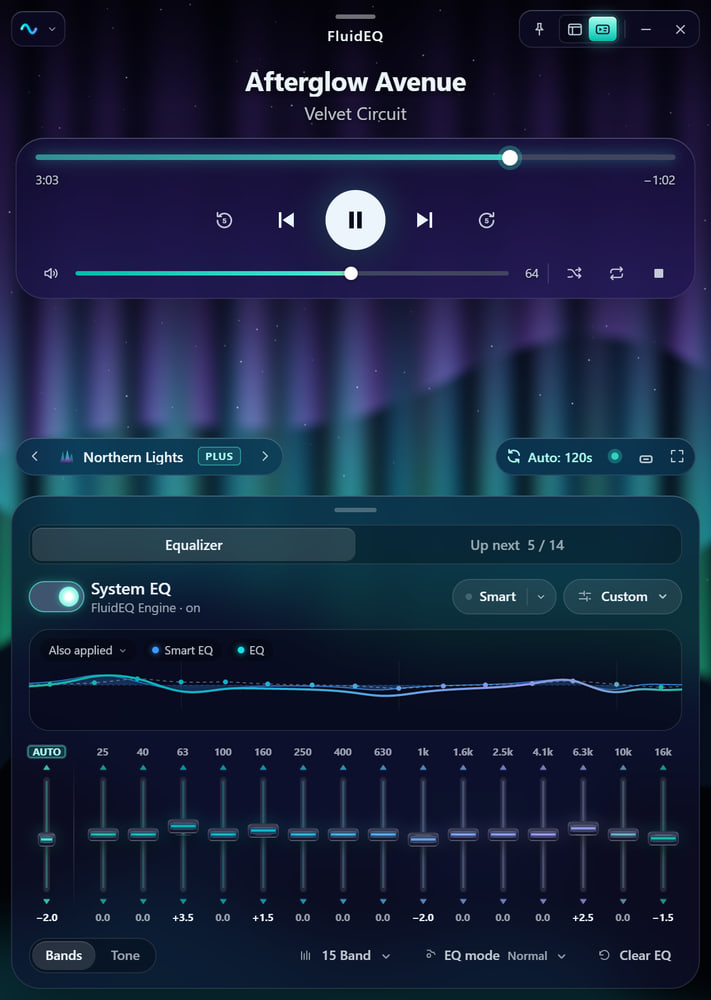 FluidEQ compact player showing the current track, a scene and the 15-band equalizer